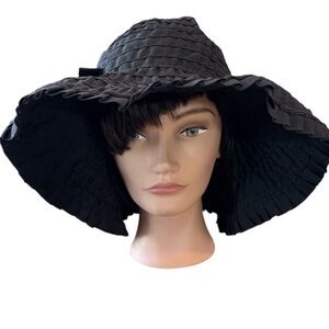 Macy’s Charter Club Elegant Black Wide-Brim Ruffled Hat with Bow Size OS